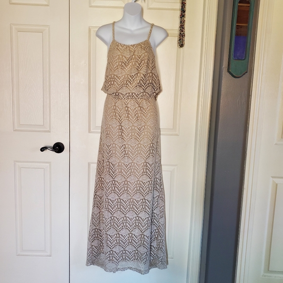 Sharagano Lace Maxi Dress Halter Sleeveless Beachy Summer Bohemian in Bone Sz 14 - Picture 2 of 13